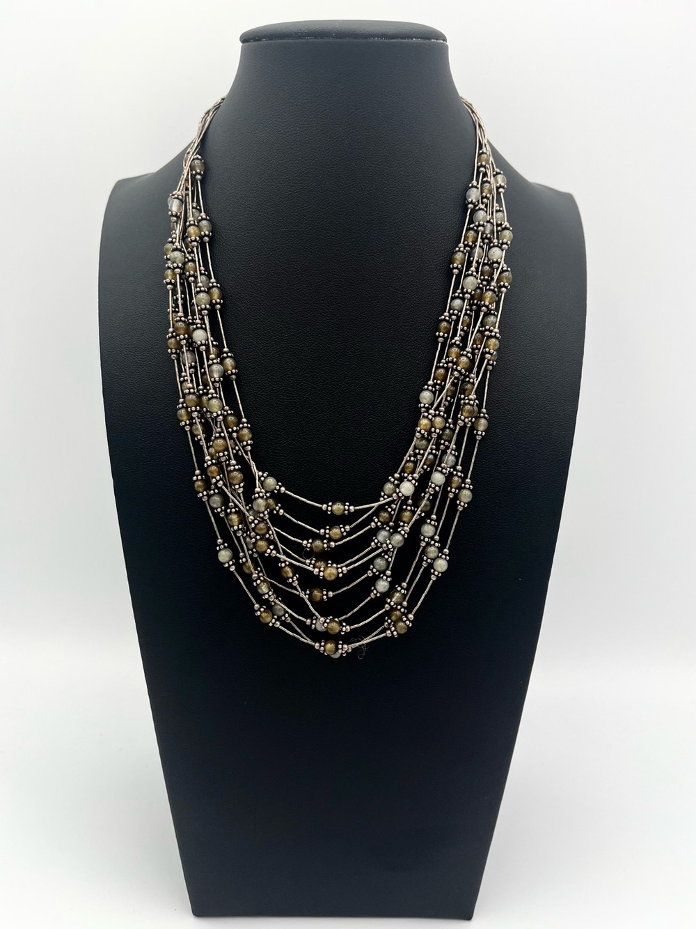 Artisan Sterling Silver Multi‑Strand Labradorite Necklace 16” – 43g Natural Gems